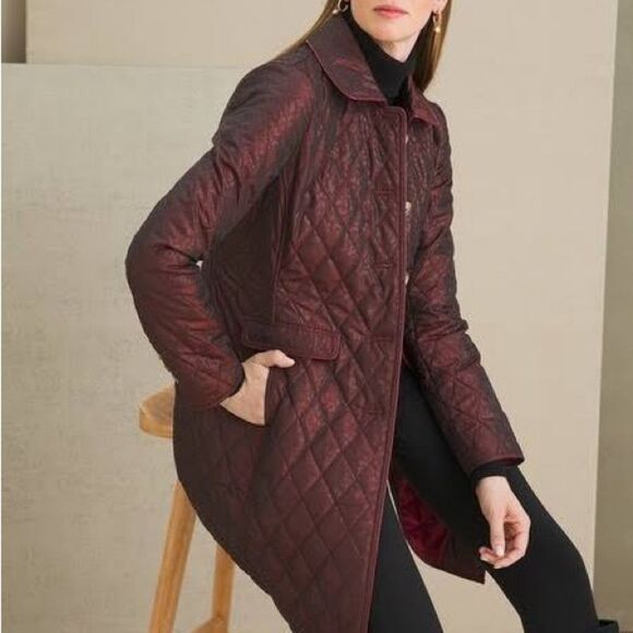 Chico’s Long Quilted Animal-Print Midi Coat Shimmer Burgundy Size 3 | XL 16-18 - Picture 16 of 16